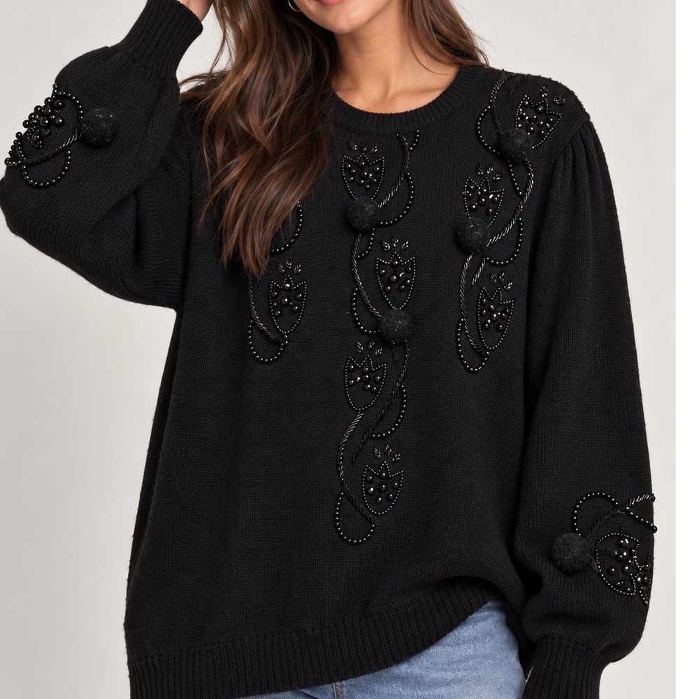 Vintage Ivana Small Black Wool Blend Beaded Pom Pom Sweater 80s Avant Garde